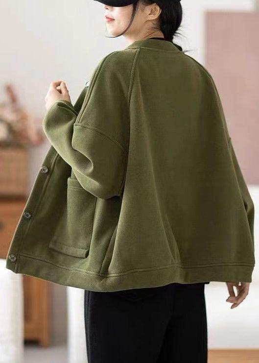 WW | Army Green Button Pocket Warm Fleece Coats