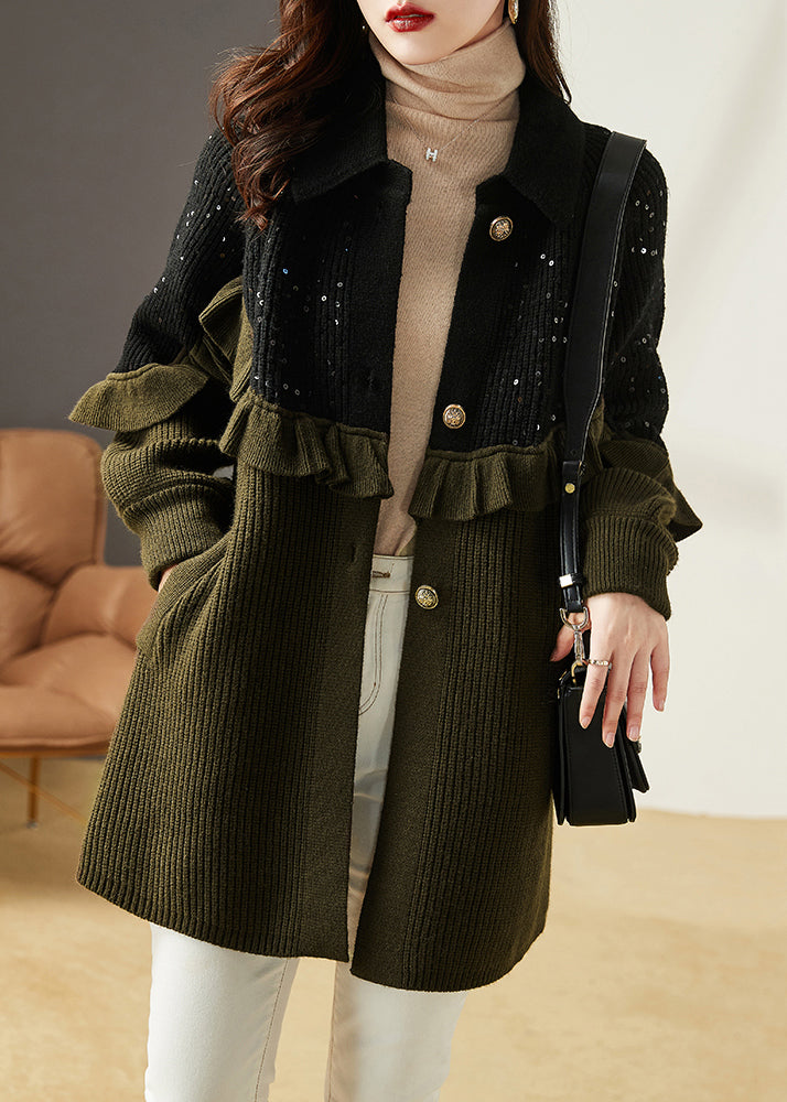 WW | Army Green Ruffle Sequin Patchwork Knitted Cardigans