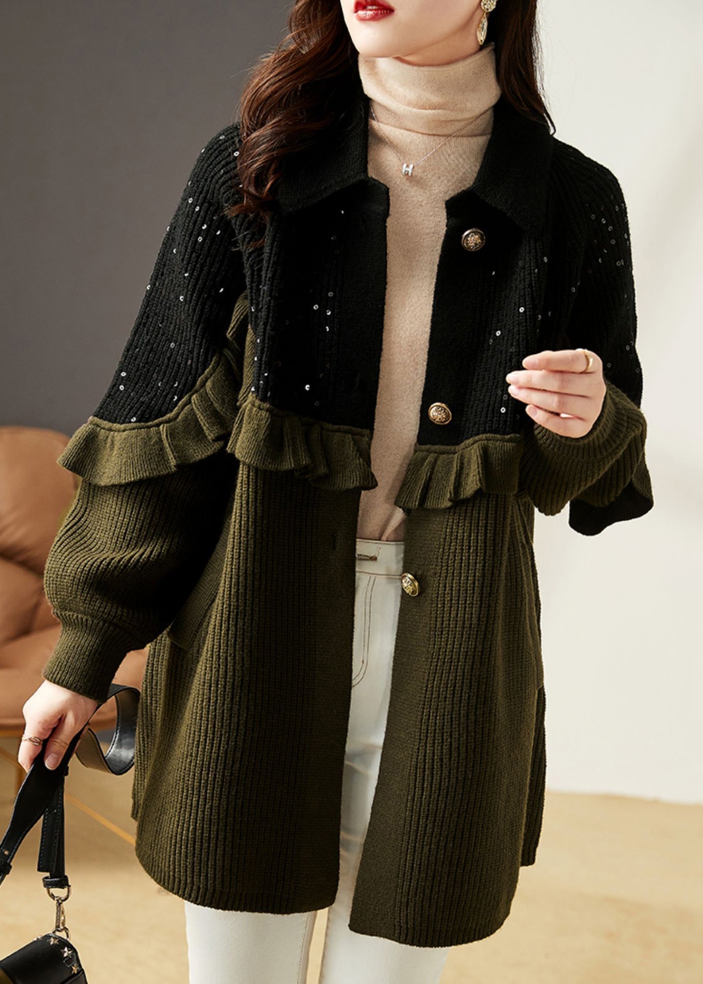 WW | Army Green Ruffle Sequin Patchwork Knitted Cardigans