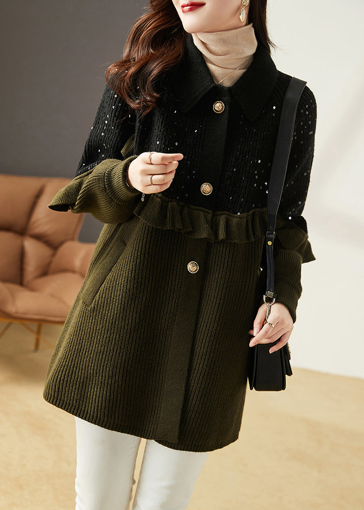 WW | Army Green Ruffle Sequin Patchwork Knitted Cardigans