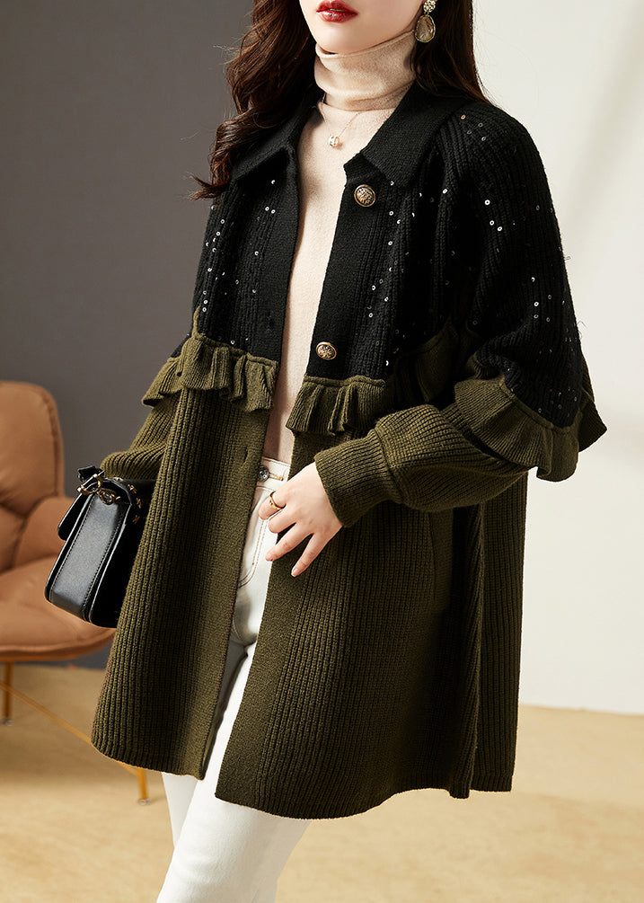 WW | Army Green Ruffle Sequin Patchwork Knitted Cardigans