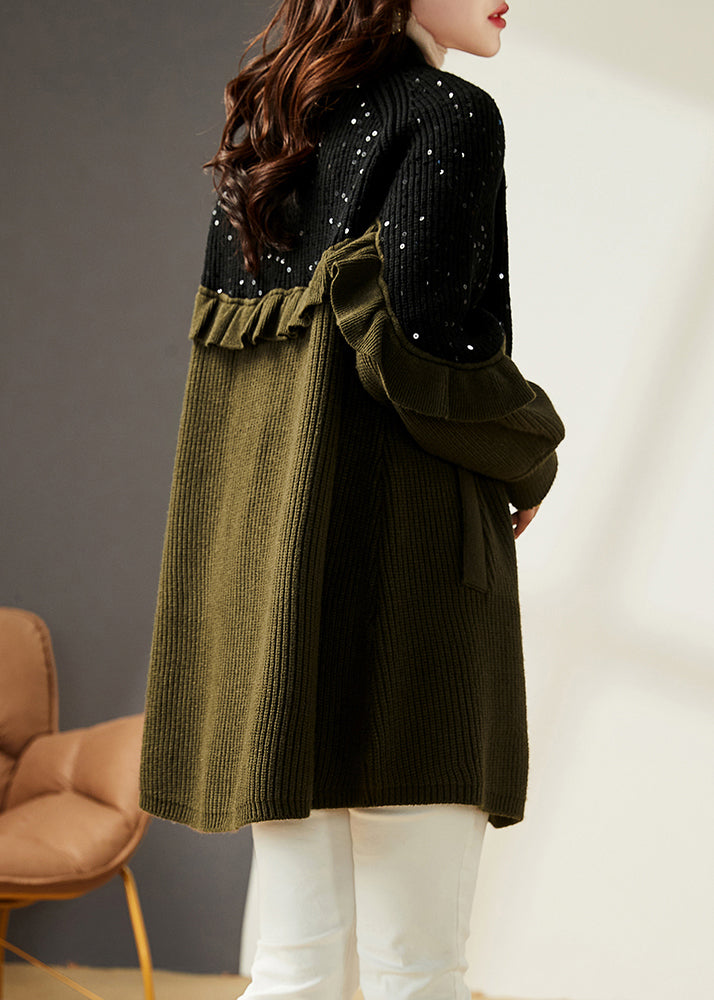WW | Army Green Ruffle Sequin Patchwork Knitted Cardigans