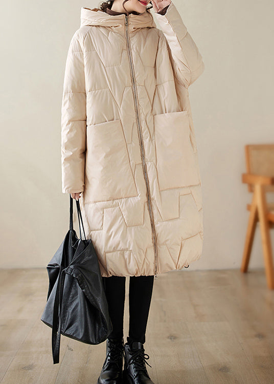 WW | Beige Zipper Hooded Fine Cotton-Padded Winter Coats