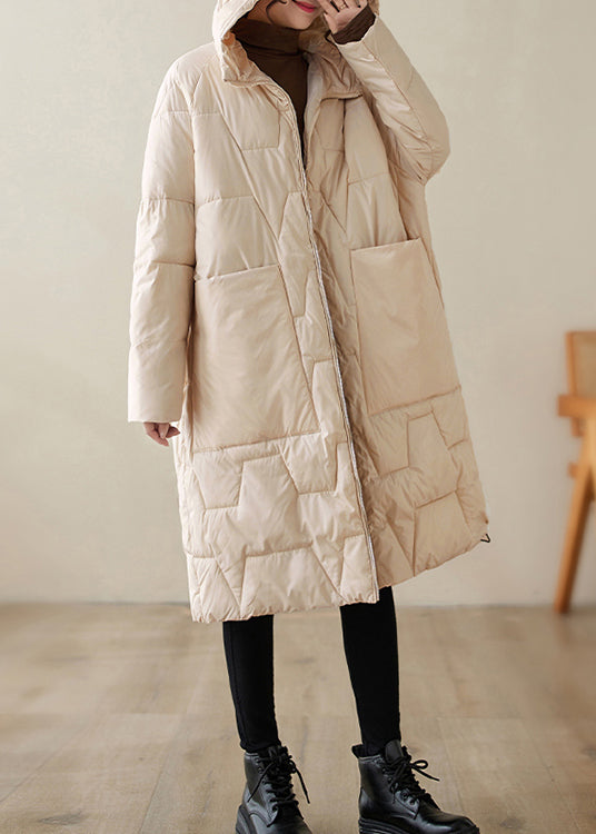 WW | Beige Zipper Hooded Fine Cotton-Padded Winter Coats
