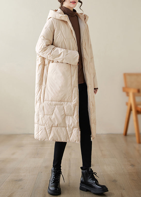 WW | Beige Zipper Hooded Fine Cotton-Padded Winter Coats