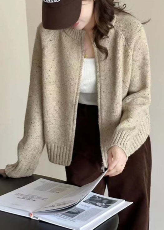 WW | Beige Zipper Patchwork Cozy Long Sleeve Knit Cardigan