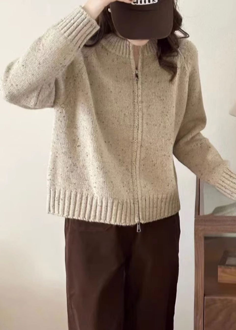 WW | Beige Zipper Patchwork Cozy Long Sleeve Knit Cardigan