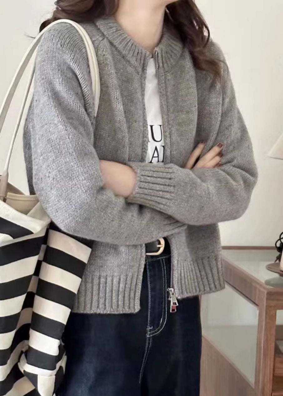 WW | Beige Zipper Patchwork Cozy Long Sleeve Knit Cardigan