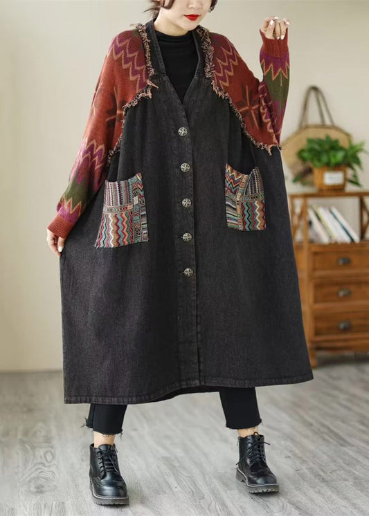 WW | Schwarze Knopf Strick Patchwork Denim Lange Mäntel Lange Ärmel