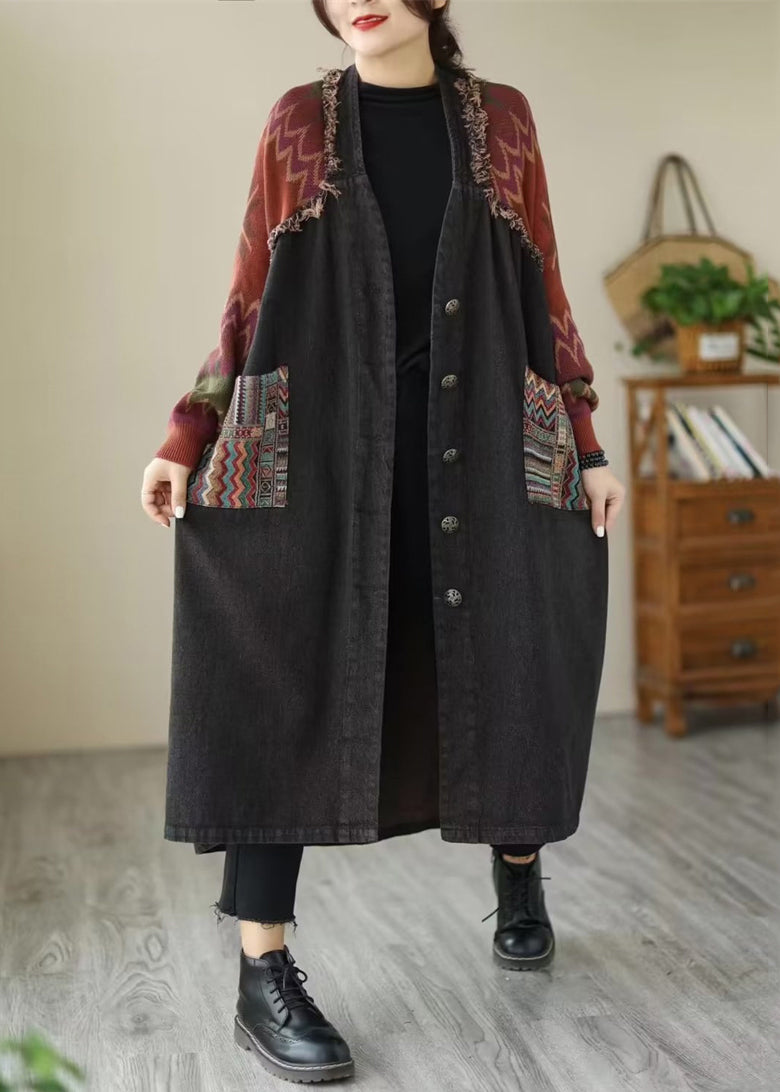 WW | Black Button Knit Patchwork Denim Long Coats Long Sleeve