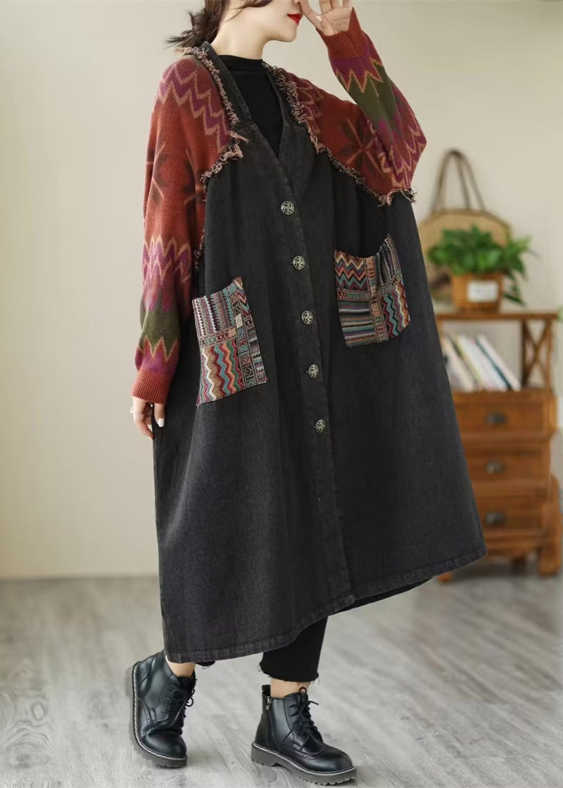 WW | Black Button Knit Patchwork Denim Long Coats Long Sleeve