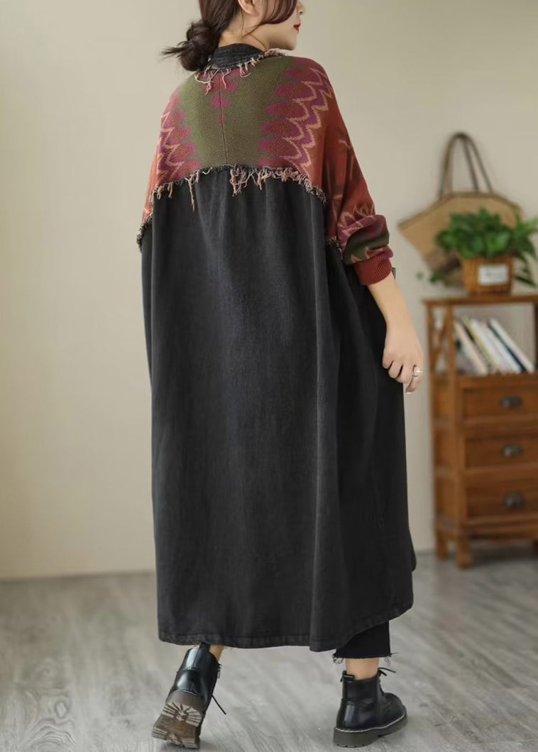 WW | Black Button Knit Patchwork Denim Long Coats Long Sleeve