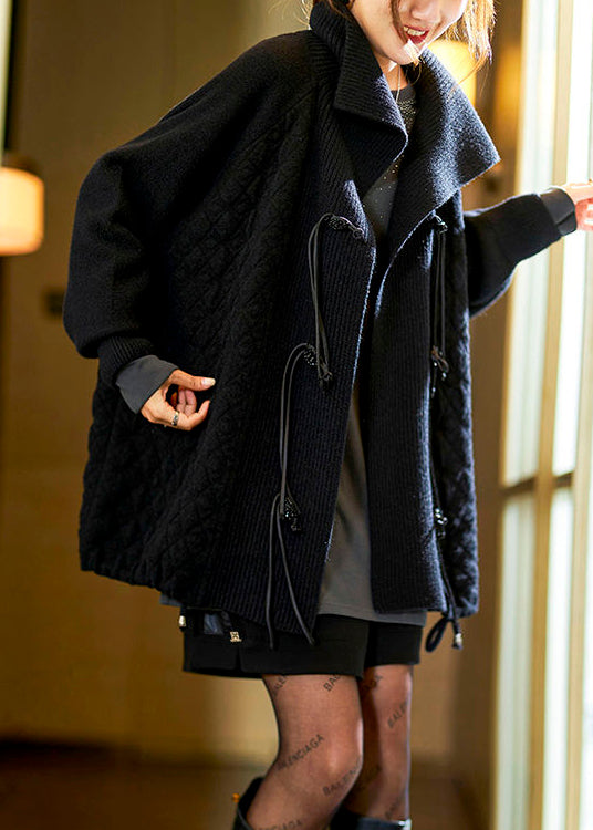 WW | Black Button Pockets Patchwork Knit Cotton Coats Long Sleeves