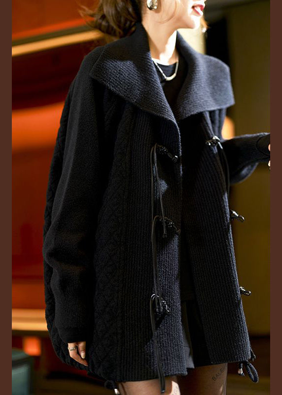 WW | Black Button Pockets Patchwork Knit Cotton Coats Long Sleeves