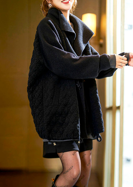 WW | Black Button Pockets Patchwork Knit Cotton Coats Long Sleeves