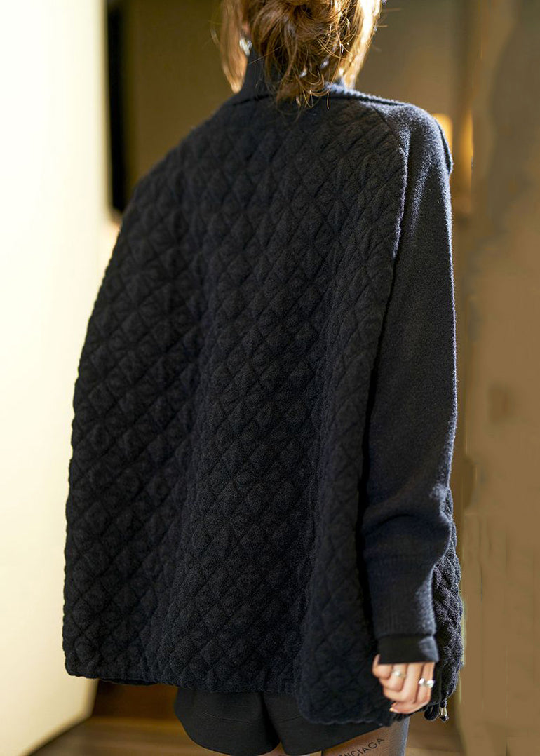 WW | Black Button Pockets Patchwork Knit Cotton Coats Long Sleeves