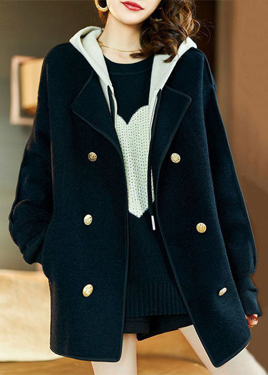 WW | Schwarze Kapuzenjacke aus Wolle mitKordelzug, Patchwork, Taschen, Lange Ärmel