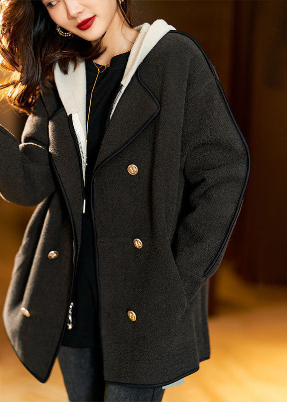 WW | Schwarze Kapuzenjacke aus Wolle mitKordelzug, Patchwork, Taschen, Lange Ärmel