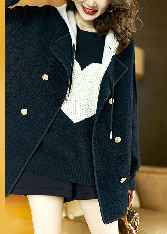WW | Schwarze Kapuzenjacke aus Wolle mitKordelzug, Patchwork, Taschen, Lange Ärmel