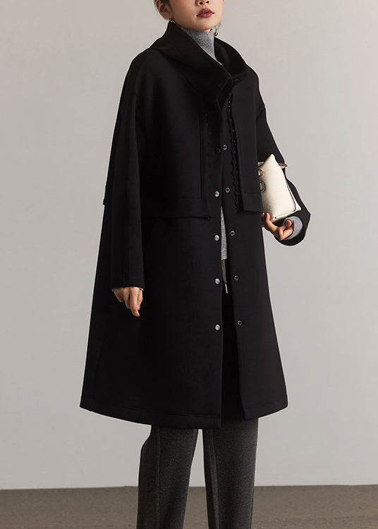 WW | Schwarze Kapuzen-Patchwork-Falsche-Zwei-Teile Baumwollmäntel Lange Ärmel