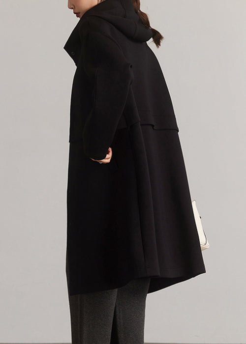 WW | Schwarze Kapuzen-Patchwork-Falsche-Zwei-Teile Baumwollmäntel Lange Ärmel
