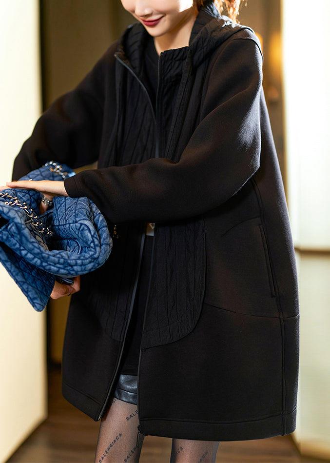 WW | Schwarze Kapuzenjacke mit Reißverschluss Patchwork dicke Mäntel