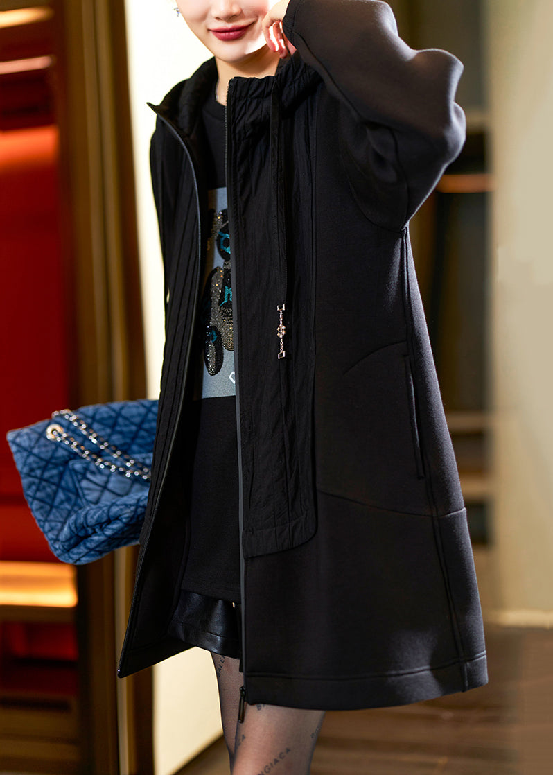 WW | Black Hooded Jacket with Zipper Patchwork Thick Coats