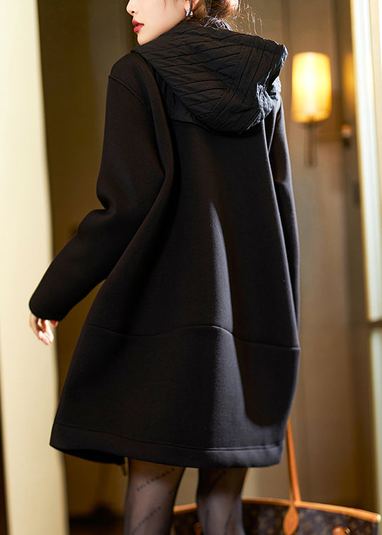 WW | Black Hooded Jacket with Zipper Patchwork Thick Coats