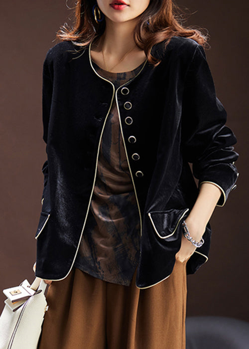 WW | Black Crew Neck Button Patchwork Silk Velour Coats