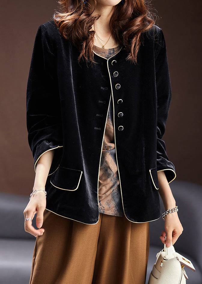 WW | Black Crew Neck Button Patchwork Silk Velour Coats