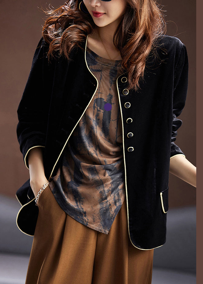 WW | Black Crew Neck Button Patchwork Silk Velour Coats
