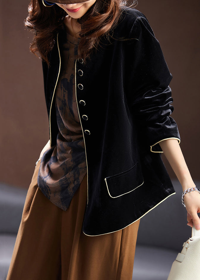 WW | Black Crew Neck Button Patchwork Silk Velour Coats