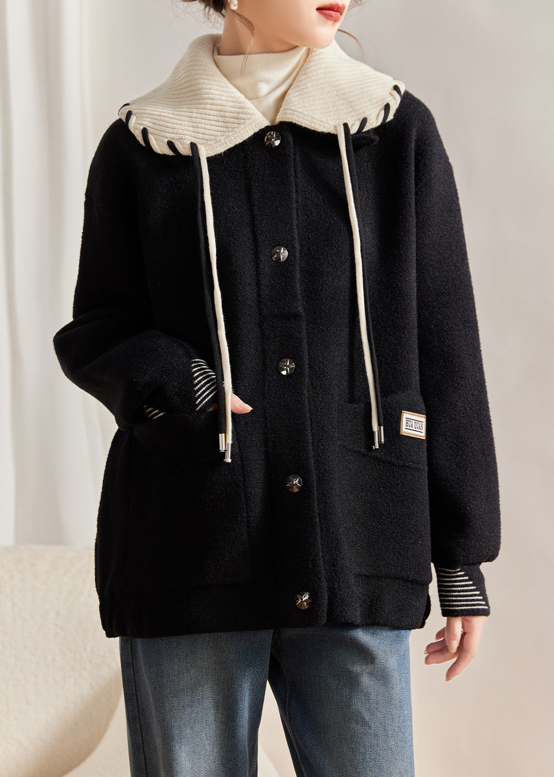 WW | Black Peter Pan Collar Button Pockets Wool Coats Long Sleeves