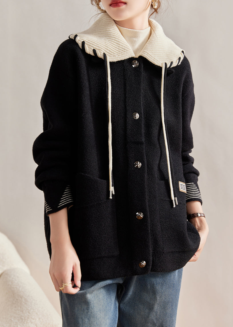 WW | Black Peter Pan Collar Button Pockets Wool Coats Long Sleeves