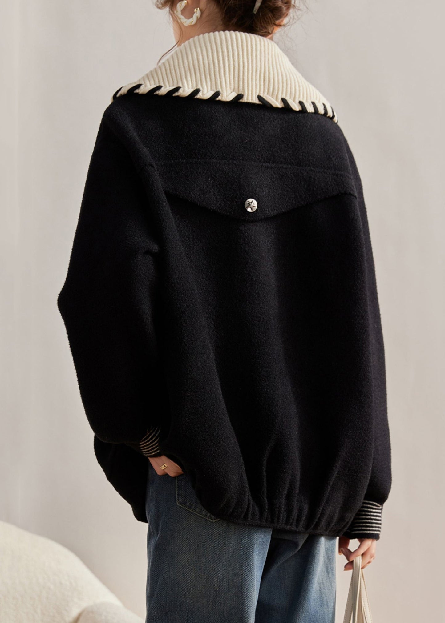 WW | Black Peter Pan Collar Button Pockets Wool Coats Long Sleeves