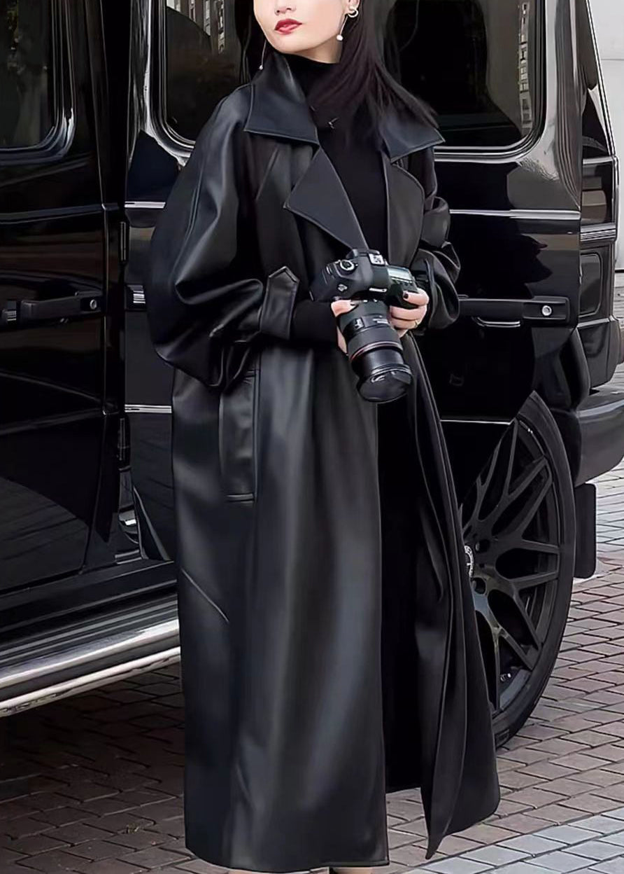 WW | Black Peter Pan Collar Patches Thick Faux Leather Trench Coats Winter