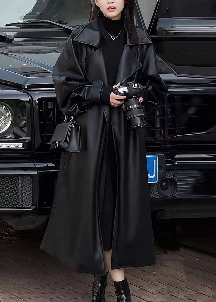 WW | Black Peter Pan Collar Patches Thick Faux Leather Trench Coats Winter