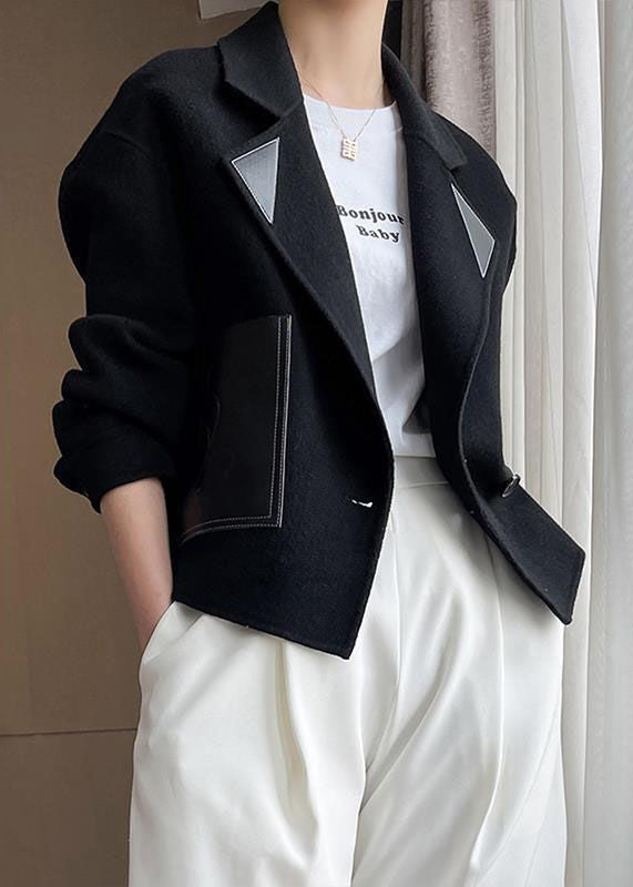 WW | Black Peter Pan Collar Patchwork Wool Coats