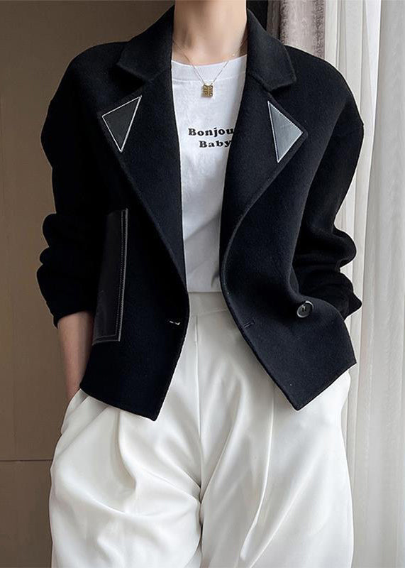 WW | Black Peter Pan Collar Patchwork Wool Coats