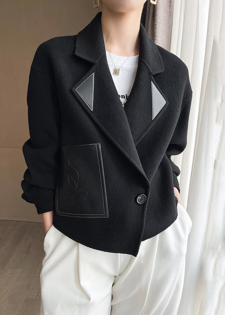 WW | Black Peter Pan Collar Patchwork Wool Coats