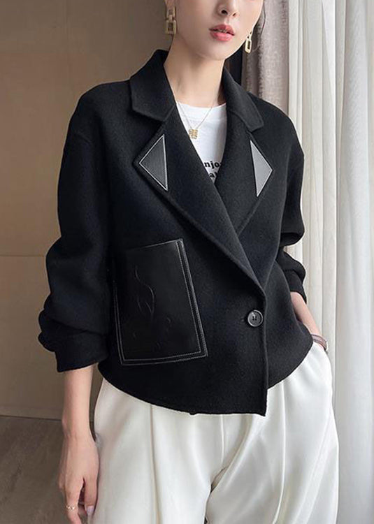 WW | Black Peter Pan Collar Patchwork Wool Coats