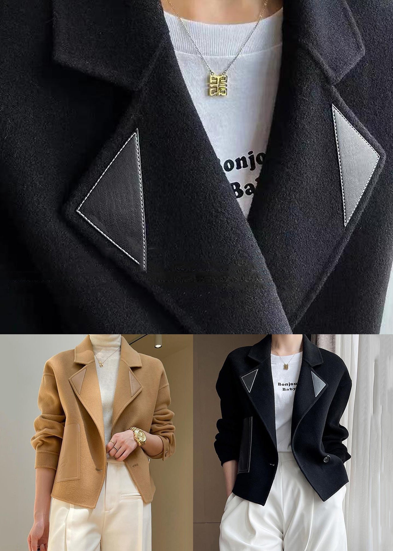 WW | Black Peter Pan Collar Patchwork Wool Coats