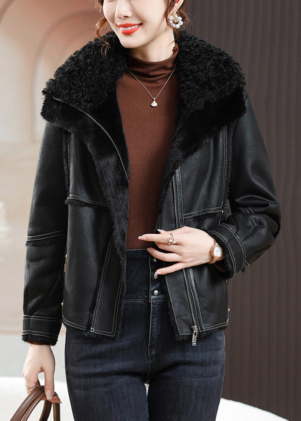 WW | Black Peter Pan Collar Zipper Fuzzy Faux Fur Coats Winter