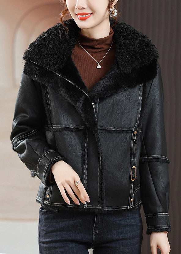 WW | Black Peter Pan Collar Zipper Fuzzy Faux Fur Coats Winter