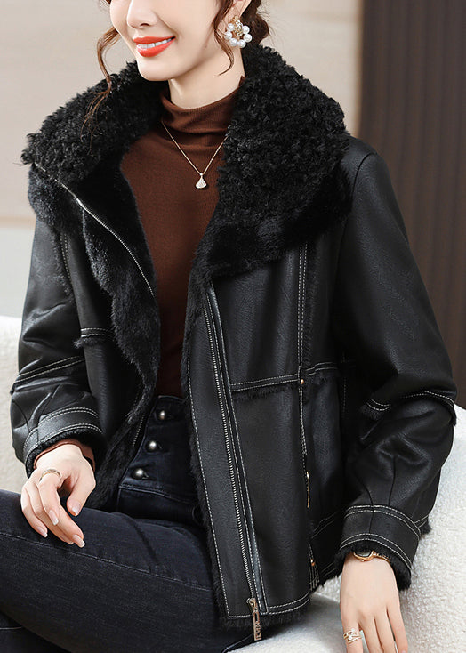 WW | Black Peter Pan Collar Zipper Fuzzy Faux Fur Coats Winter
