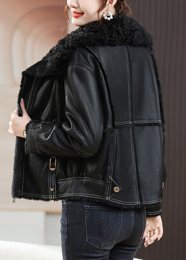 WW | Black Peter Pan Collar Zipper Fuzzy Faux Fur Coats Winter