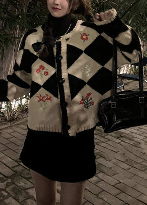WW | Black Plaid Embroidered Button-Up Cardigans