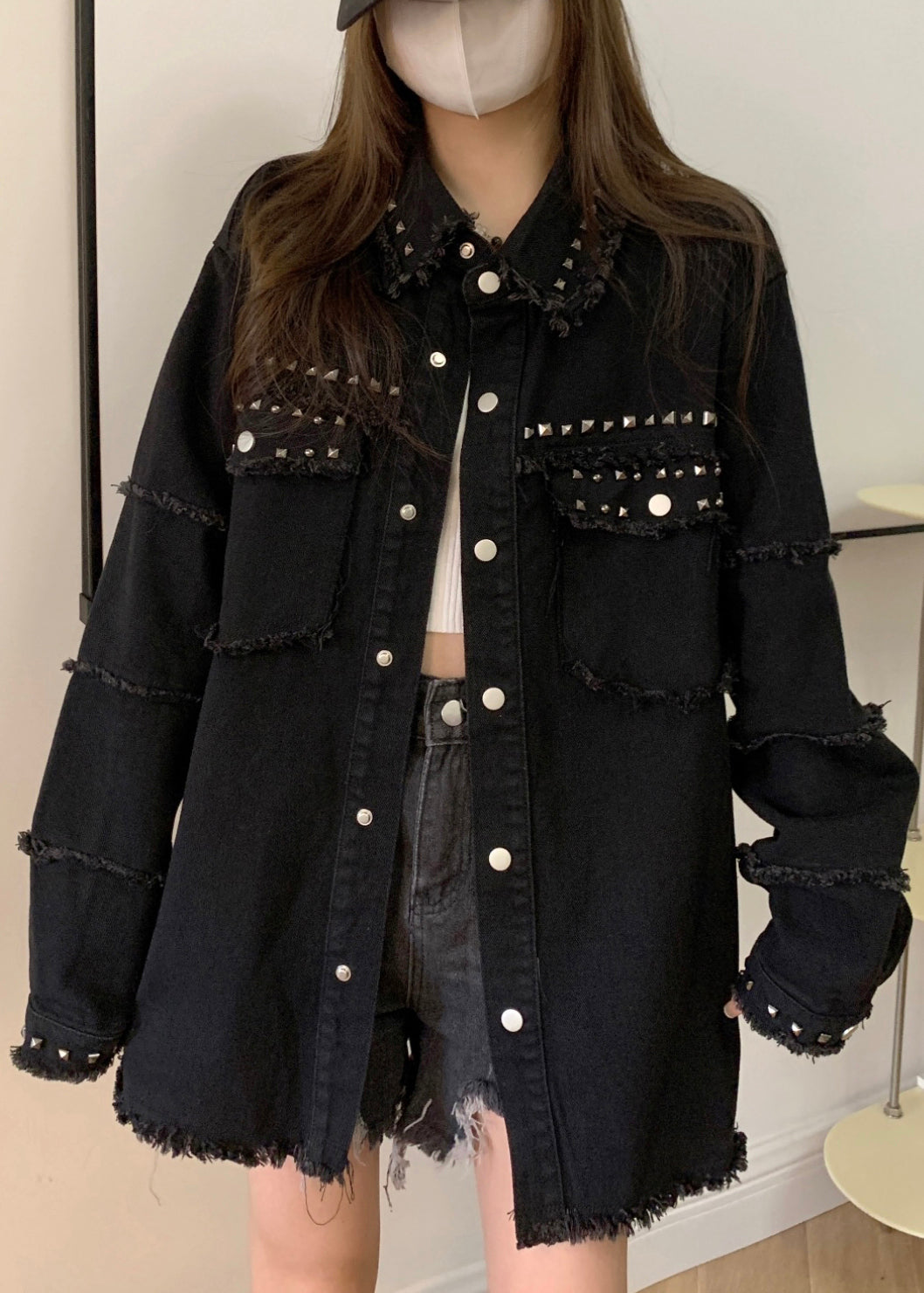WW | Black Pocket Studded Denim Coats Long Sleeves