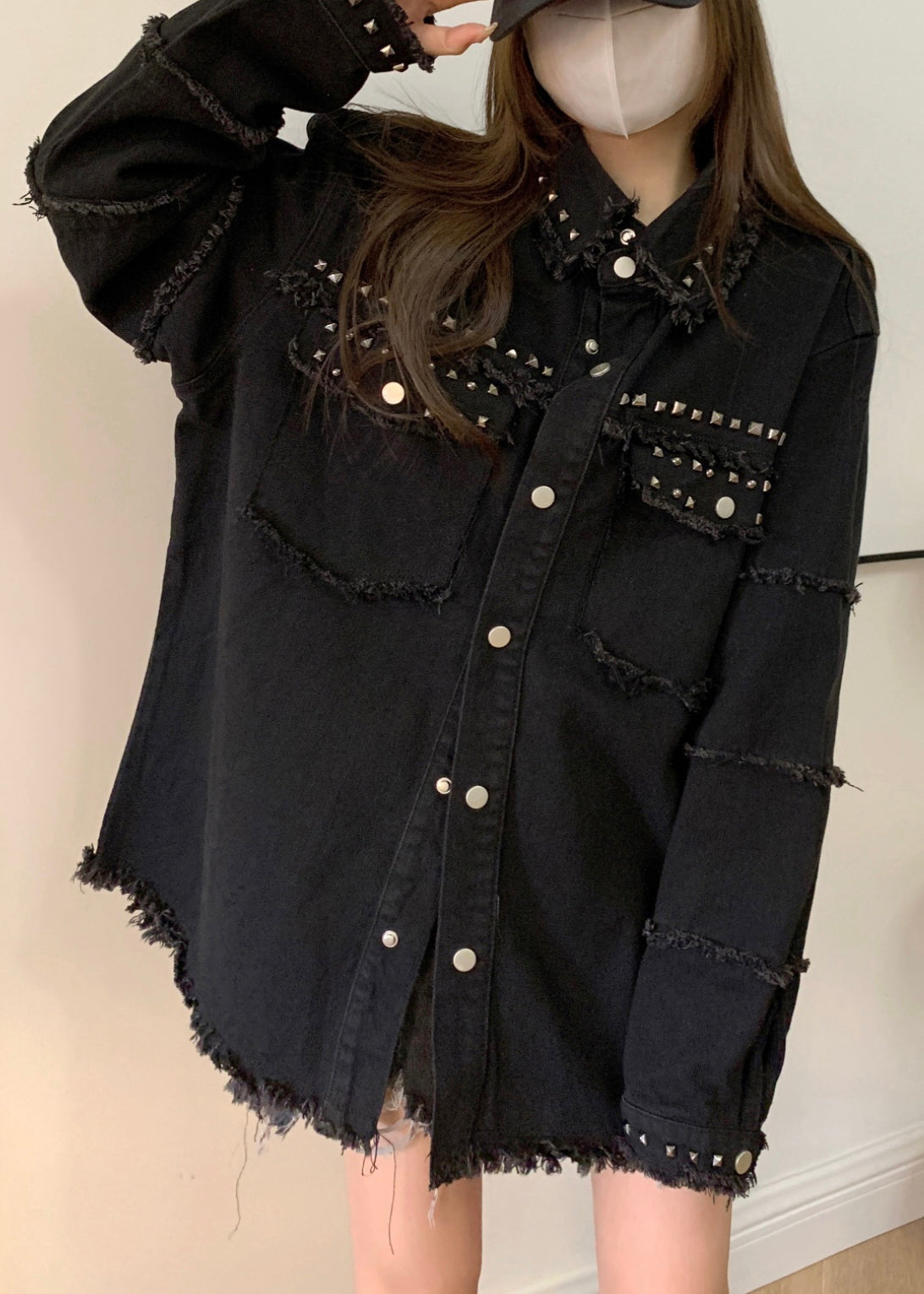 WW | Black Pocket Studded Denim Coats Long Sleeves