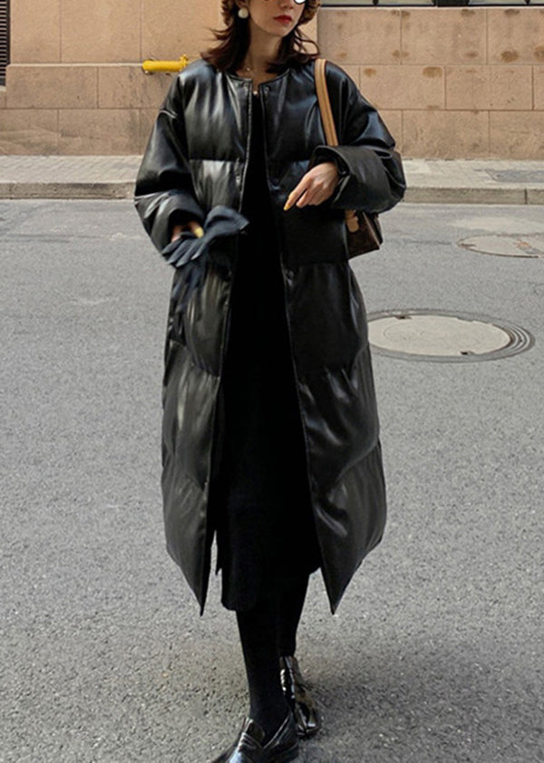 WW | Black Stand-Up Collar Faux Leather Fine Cotton-Padded Winter Coats